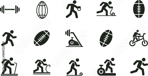 Fitness and sports icons including various exercises and activities