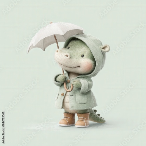Cute cartoon dinosaur in green raincoat holding umbrella