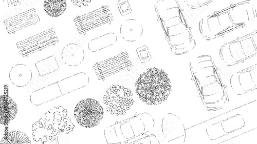 Top view city plan illustration with vehicles and trees
