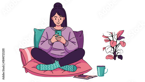 Cozy Digital Lifestyle Illustration of a Woman Relaxing with Her Smartphone at Home
