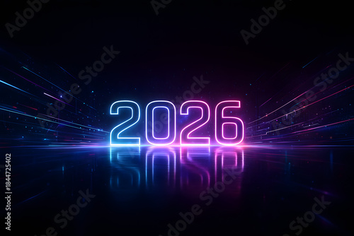 Bright neon 2026 numbers with futuristic light trails in pink and blue tones, perfect for future-themed presentations or celebrations..