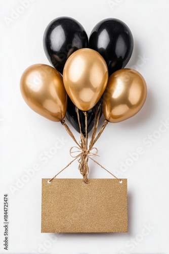 Black and gold balloons with empty blank card on a white background