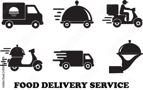 Food delivery service illustration with various food items and delivery vehicle