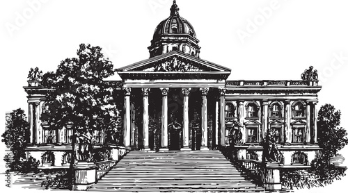 Historic courthouse building drawing in black and white. Detailed architecture features stairs and statues, presented as a vector illustration.
