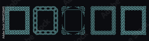 Set of elegant neon blue-green decorative borders with intricate patterns