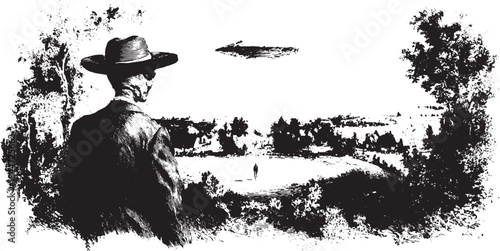 Man in a hat overlooking a surreal landscape. Black and white vintage illustration featuring a UFO in the sky. Vector art set.