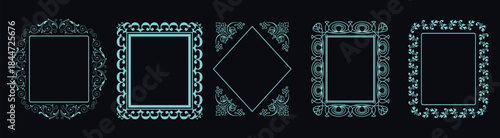 A collection of five glowing turquoise ornamental frames with various intricate designs