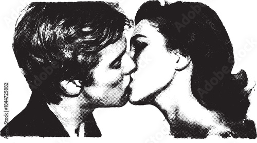 Couple kissing in a black and white image. Vintage vector illustration portraying love and intimacy as a moment between lovers in an artistic style.