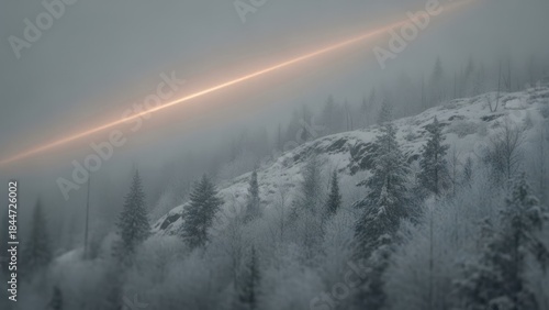 A bright diagonal light streak illuminates the misty atmosphere over a snow-covered mountain landscape