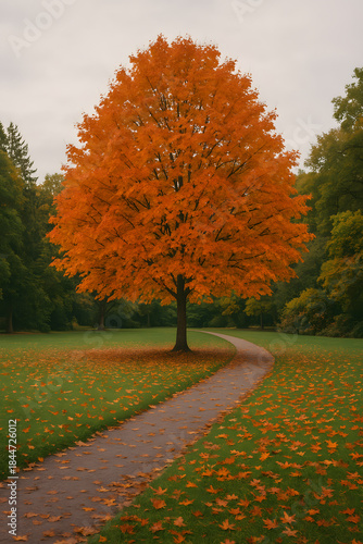 Bright orange maple tree standing alone in a green park with fallen leaves and a winding path beneath cloudy skies.