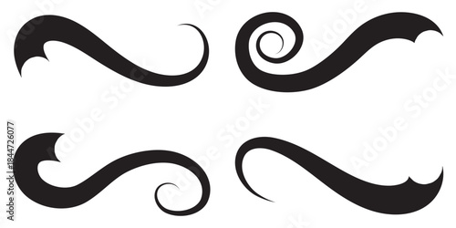 Swoosh tails. Swirl sport typography element, isolated curly text pennants. Black retro calligraphy strokes or ornament designs set. Swish typography font elements for athletics, baseball. EPS 10. 