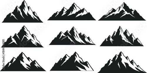 Collection of nine black and white mountain silhouettes in various shapes and sizes