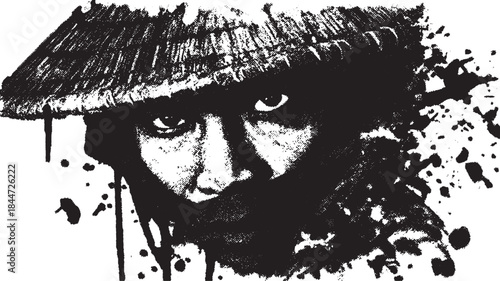 Black and white illustration of a man's portrait with a hat. Detailed vector art showcasing strong texture and visual expression, reflecting traditional style.