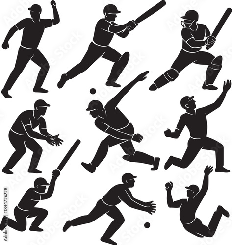 Collection of cricket player silhouettes showing various action poses in game