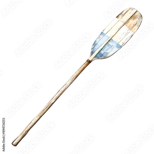 Watercolor Vintage Wooden Oar with Blue and Beige Stripes
