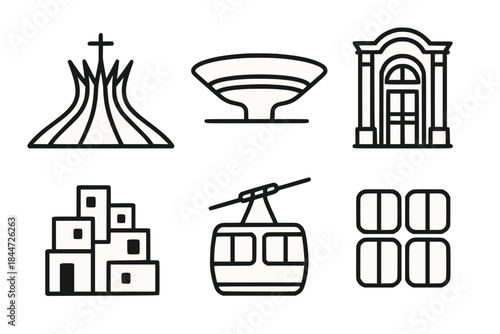 Stylized Brazil Architecture Icon Set – Minimalist Vector Landmarks on White Background