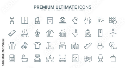 Furniture and home equipment thin line icons set vector illustration. Abstract outline comfortable clothes and furnishings for rooms, lifestyle hygiene tools and electrical appliances, fireplace