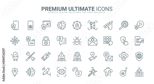 Cyber security for computer, laptop, phone thin line icons set vector illustration. Outline internet technology to secure information and access in network, protection from virus attack and malware