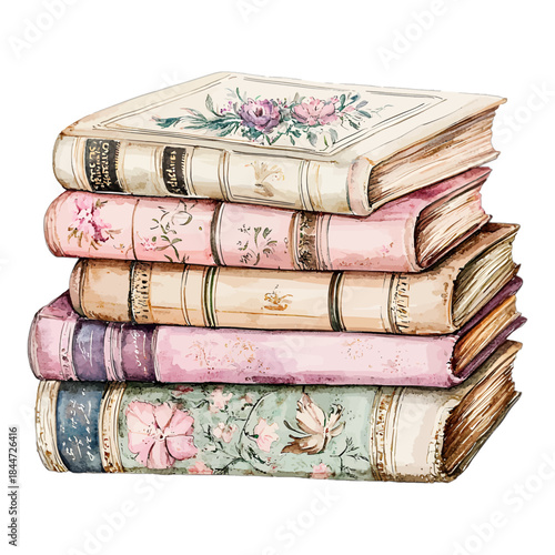 Stack of Vintage Books with Floral Covers Illustration
