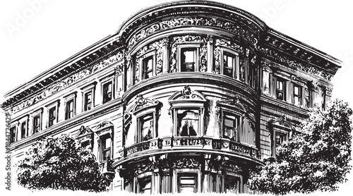 Classical building in detailed ink illustration. Elegant architecture showcasing refined structure in black and white vector art.