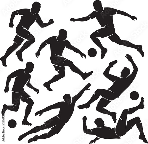 Collection of soccer football player silhouettes, flat vector design, including goalkeeper