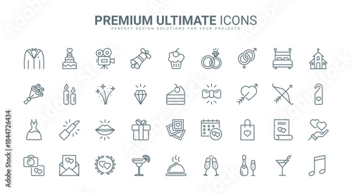 Wedding thin line icons set vector illustration. Outline love, passion and hearts symbols of marriage, rings with diamond gift, wedding cake and champagne, dress of bride and groom, bouquet decoration