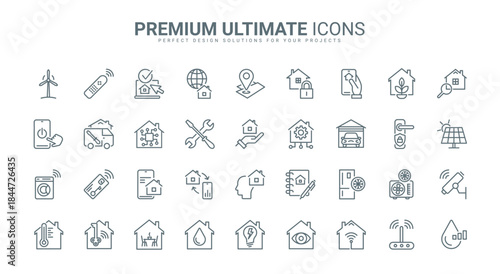 Smart home technology thin line icons set vector illustration. Outline automation of digital house system and wireless access to devices, light and temperature, energy power and appliances support