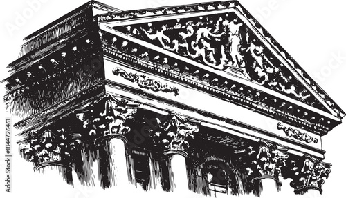Detailed black and white vector illustration of a classical building. This artwork features ornate details and highlights architectural craftsmanship in an elegant style.