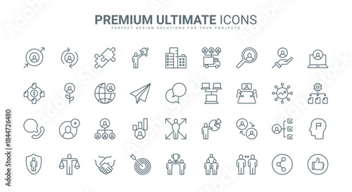 Business cooperation thin line icons set vector illustration. Outline human resource development, problem solving and company risk insurance, team building and management, leadership assistance