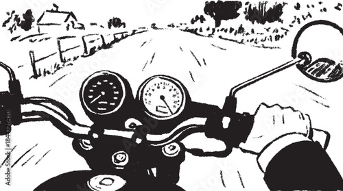 Motorcycle rider's hand on the dash with speedometer view on a road. Simple black and white vector illustration capturing outdoor travel.