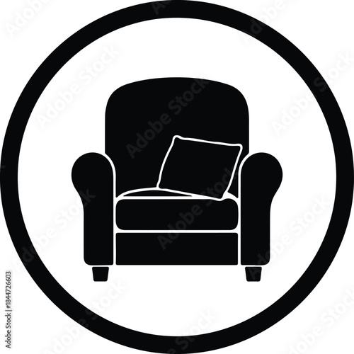Vector comfortable upholstered classic armchair furniture icon inside a thick circle silhouette Illustration
