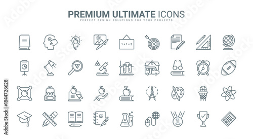 School, college and university education thin black line icons set vector illustration. Abstract linear pictogram of laboratory equipment for training chemistry and physics, library books for students