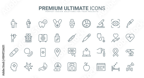 Medical diagnostics, healthcare thin line icons set vector illustration. Outline health support and help in hospital symbols and equipment for check organs, ambulance and clinic laboratory research