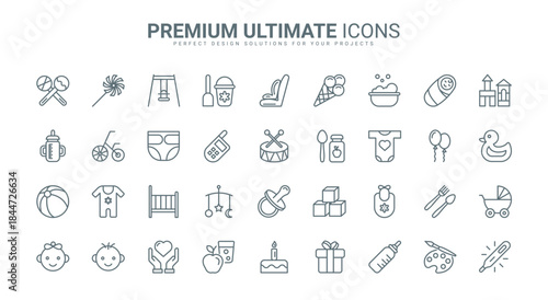 Baby care thin line icons set vector illustration. Abstract outline toys and rattle for game activity of kid, nappy diaper and pacifier for newborn, bed carriage for infant child, girl and boy faces