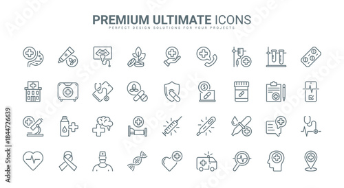 Medical care thin line icons set vector illustration. Outline medicine symbols, hospital and laboratory equipment and pills prescription for pharmacy, emergency help, diagnosis and treatment by doctor