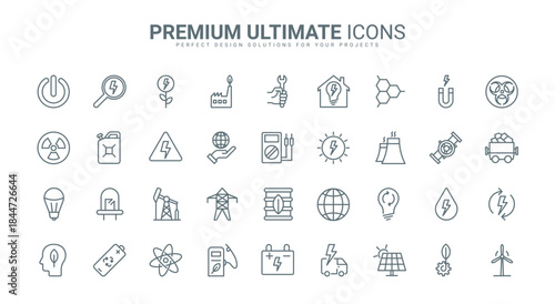 Electric power plant and energy thin line icons set vector illustration. Outline global green technology to save and manage renewable resources and nature, hydro and nuclear factory, eco fuel