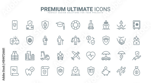 Insurance thin line icons set vector illustration. Abstract outline policy protection from car and property damage, business and pension, health care and life safety during travel or disasters