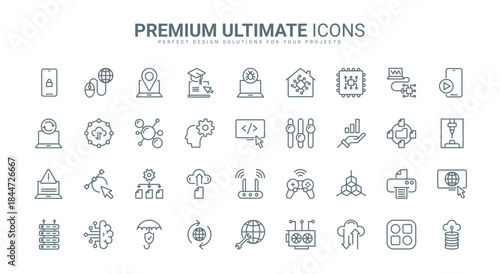 Information technology thin line icons set vector illustration. Outline internet network system and computer database symbols, big data analysis and protection, exchange and download, support center