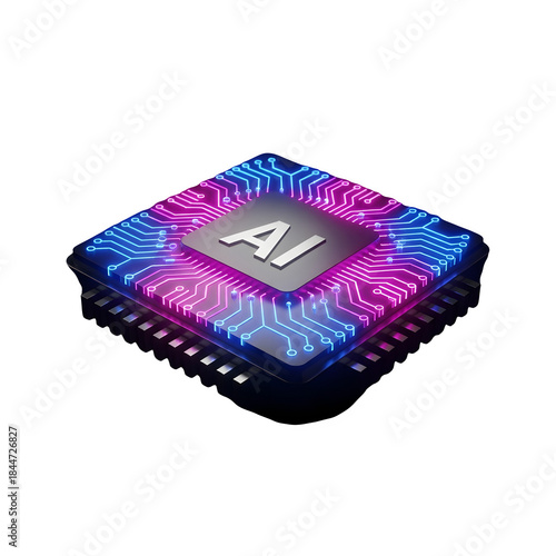 Artificial intelligence microchip with ai logo and neon lights