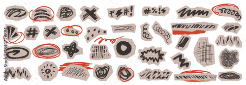 Hand drawn set with doodle scribble underline and marker brush strokes for paper cutout collage bundle.