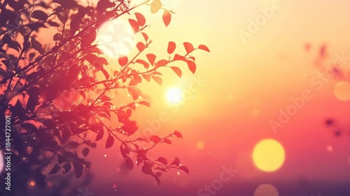 Golden sunset through foliage with lens flare creating ambient background