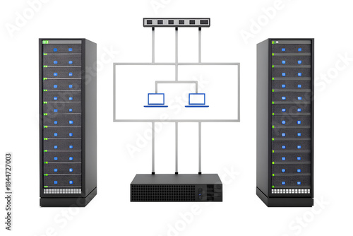Server Rack Network Diagram with Two Laptop Computers Connected to a Centralized Hub or Switch for Data Management and Connectivity