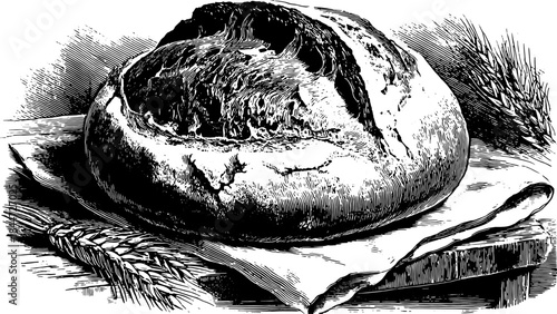 Vintage bread engraving in black silhouette. A hand-drawn vector illustration showcasing bakery products in a classic retro style.