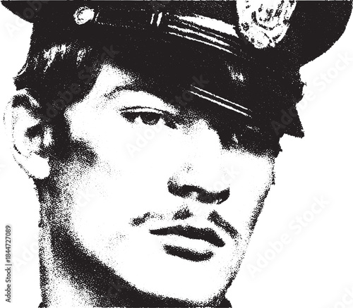 Policeman portrait in a classic black and white photo. Vintage police officer vector illustration showing serious expression and details of uniform and hat.