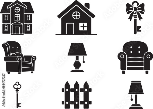 Real Estate and Home Icons: House, Armchair, Lamp, Key, Fence