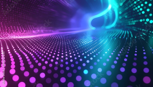 Vibrant digital wave pattern of glowing dots in pink and blue colors.