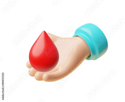 Blood donor hand with a drop of blood, transfusion, medical donation 3D cartoon vector concept, health care, save life