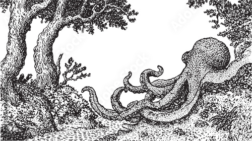 Octopus illustration with detailed tentacles and trees in a black and white style. Unique outdoor vector artwork set against a marine landscape.