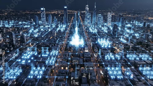 Futuristic Smart City Network - Aerial view of a city at night overlaid with a glowing network of blue lines connecting buildings.