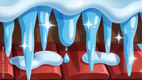 Cartoon icicles dripping from snowy roof eaves